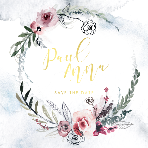 Stilvolle Save the Date Karte mit Blütenkranz im Aquarell-Look